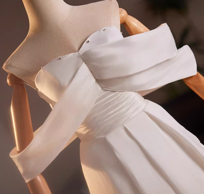 Y2K Style Off-Shoulder A-Line Bridal Gowns Beads Pleated White Wedding Dress AP5154