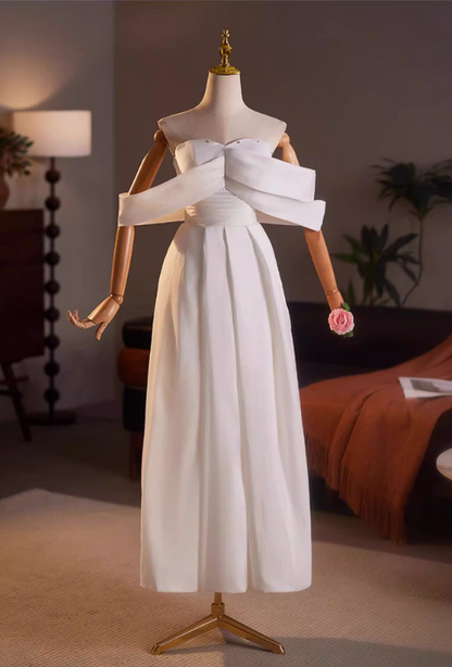 Y2K Style Off-Shoulder A-Line Bridal Gowns Beads Pleated White Wedding Dress AP5154