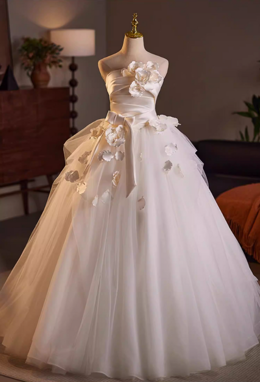 Lovely A-Line Strapless Tulle Bridal Gowns Handmade Flowers Bow Pleated Satin Wedding Dress AP5156