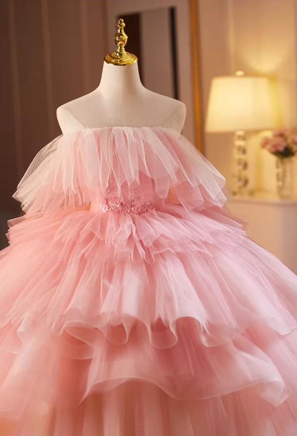 Refined Strapless Pink Tulle A-Line Sweet 16th Gowns Appliques Beads Tiered Prom Dress AP5157