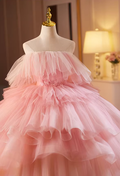 Refined Strapless Pink Tulle A-Line Sweet 16th Gowns Appliques Beads Tiered Prom Dress AP5157