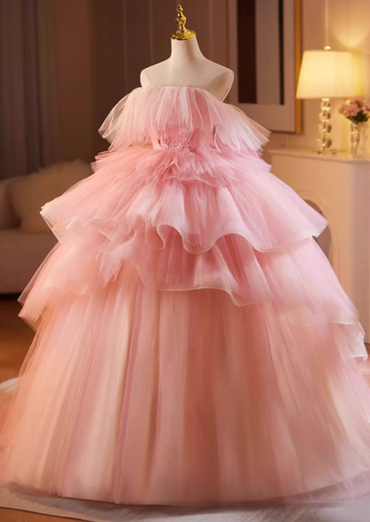 Refined Strapless Pink Tulle A-Line Sweet 16th Gowns Appliques Beads Tiered Prom Dress AP5157