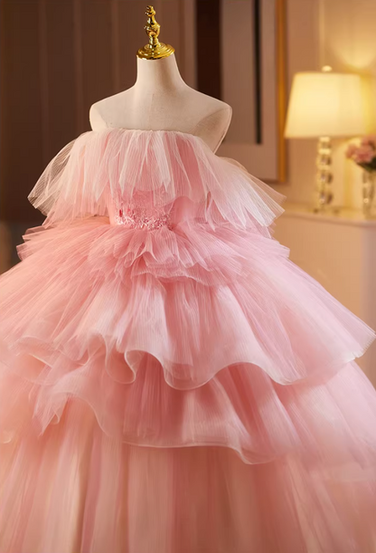 Refined Strapless Pink Tulle A-Line Sweet 16th Gowns Appliques Beads Tiered Prom Dress AP5157