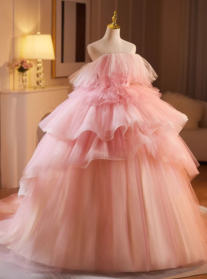 Refined Strapless Pink Tulle A-Line Sweet 16th Gowns Appliques Beads Tiered Prom Dress AP5157
