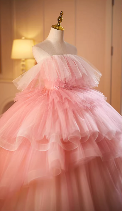 Refined Strapless Pink Tulle A-Line Sweet 16th Gowns Appliques Beads Tiered Prom Dress AP5157