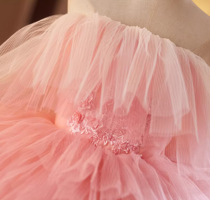 Refined Strapless Pink Tulle A-Line Sweet 16th Gowns Appliques Beads Tiered Prom Dress AP5157