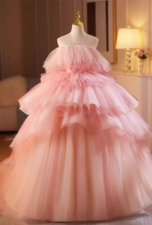 Refined Strapless Pink Tulle A-Line Sweet 16th Gowns Appliques Beads Tiered Prom Dress AP5157
