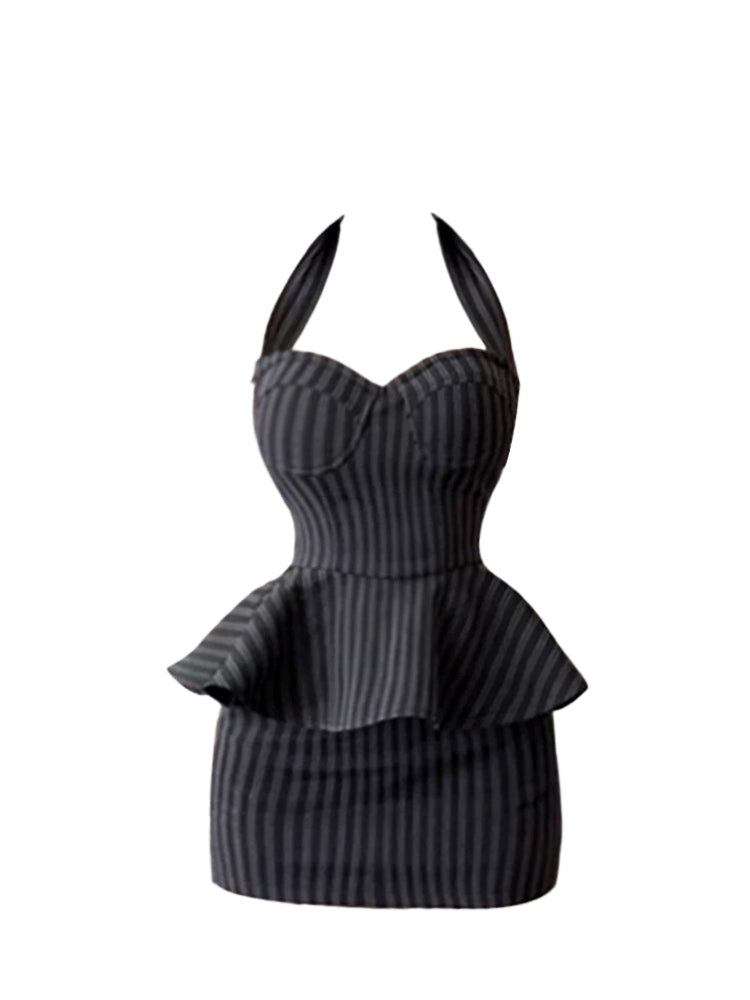 Superb Peplum Waist Sweetheart Neckline Bodycon Mini Skirt Retro Black & Gray Striped Halter Short Dress AP5160