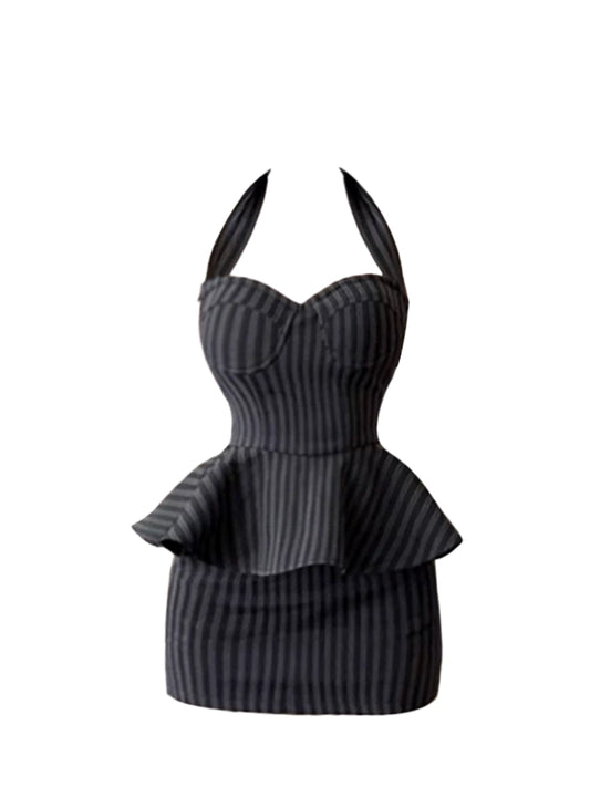 Superb Peplum Waist Sweetheart Neckline Bodycon Mini Skirt Retro Black & Gray Striped Halter Short Dress AP5160