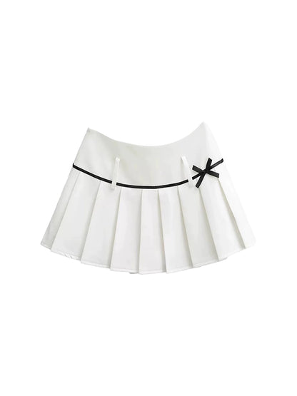 Wonderful White Off-Shoulder Ruched Top A-Line Mini Skirt Y2K Style Black Trim Bow Detail Pleated Short Dress AP5161