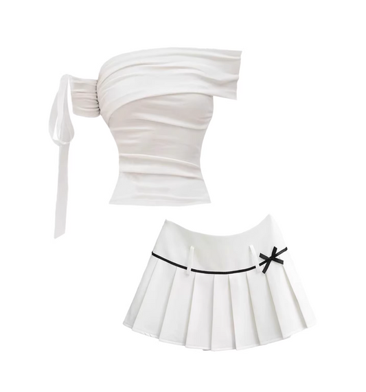 Wonderful White Off-Shoulder Ruched Top A-Line Mini Skirt Y2K Style Black Trim Bow Detail Pleated Short Dress AP5161