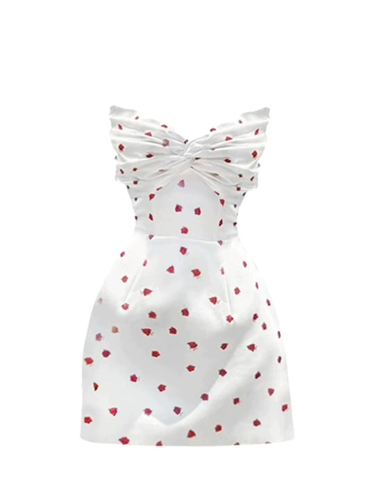 Amazing Ruched Bow Red Heart Print Bust Bodycon Mini Skirt Chic White Red Heart Print Strapless Short Dress AP5162