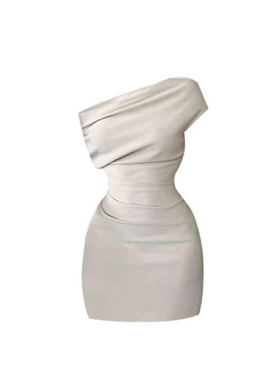 Appealing Ruched Detail Stylish Gatherings Mini Dress Vogue White One-Shoulder Bodycon Short Dress AP5163