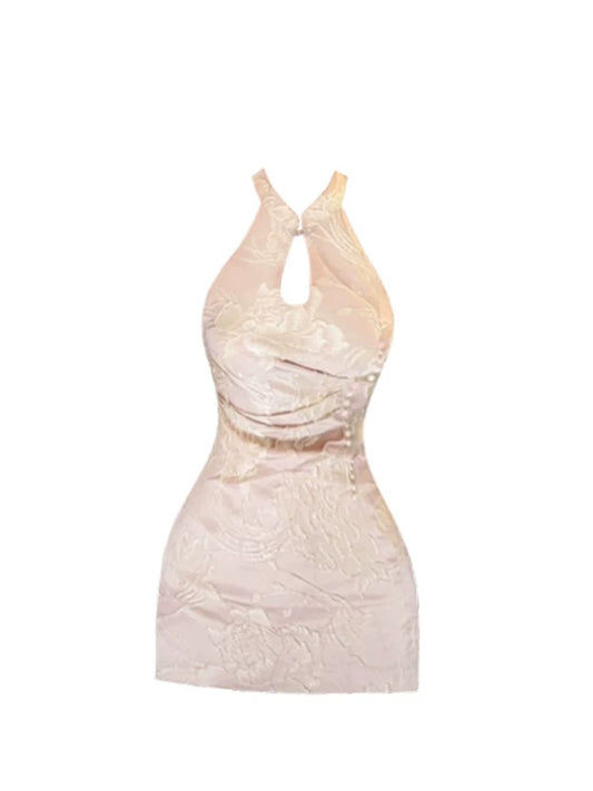 Fascinating Floral Embossed Cheongsam Bodycon Mini Skirt Oriental Style Keyhole Jacquard Halter Short Dress AP5164