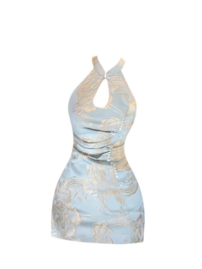 Fascinating Floral Embossed Cheongsam Bodycon Mini Skirt Oriental Style Keyhole Jacquard Halter Short Dress AP5164