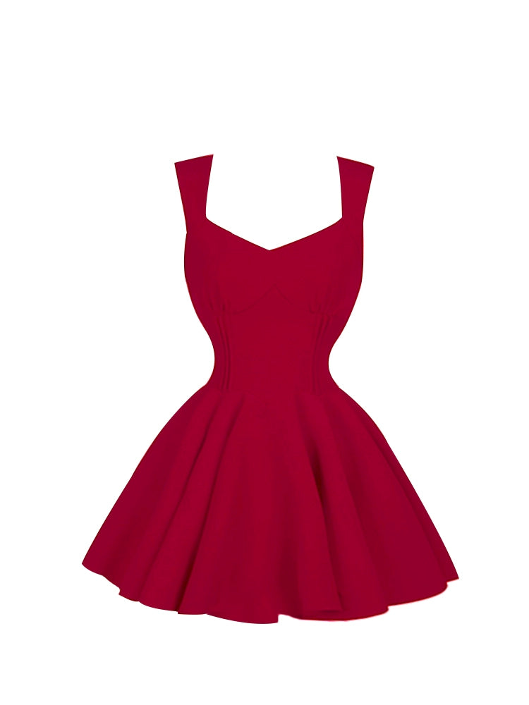 Splendid Structured Bodice Full Flared A-Line Spaghetti Strap Mini Skirt Chic Deep Red Sweetheart Neck Sleeveless Short Dress AP5165