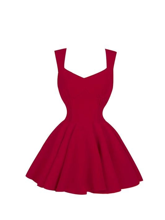 Splendid Structured Bodice Full Flared A-Line Spaghetti Strap Mini Skirt Chic Deep Red Sweetheart Neck Sleeveless Short Dress AP5165