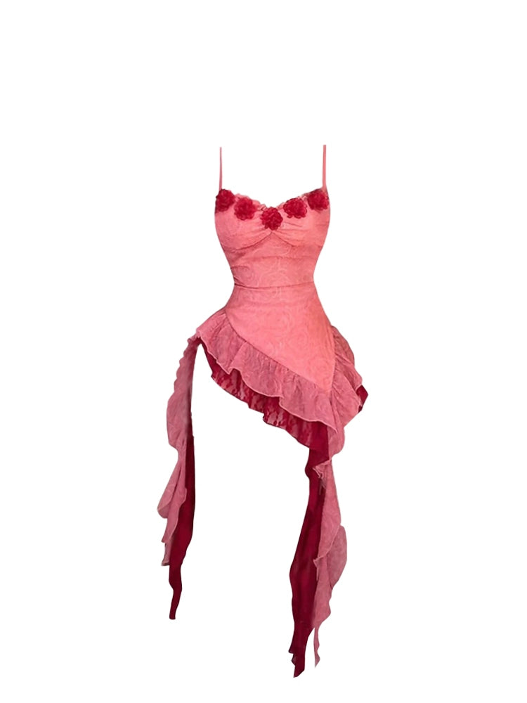 Enticing A-Line Floral Bust Accents Spaghetti Strap Mini Skirt Pink & Burgundy Asymmetrical Hem Ruffled Short Dress AP5166