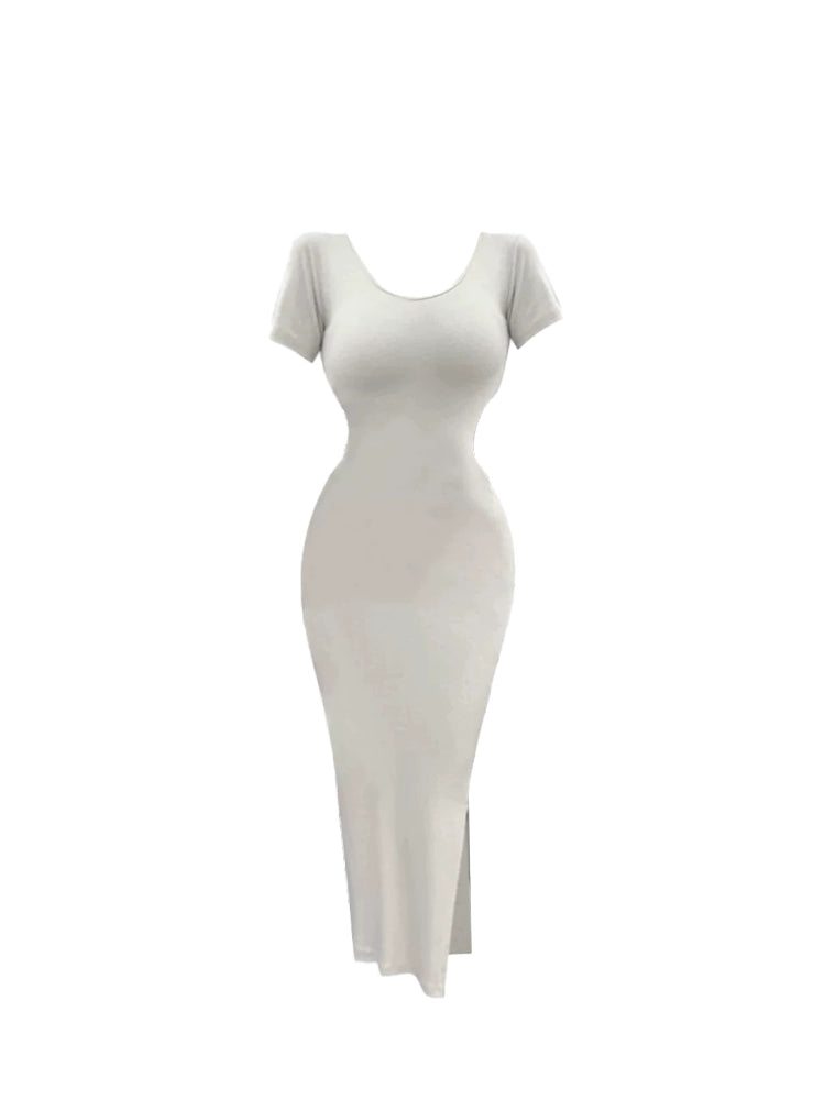 Avant-Garde Round Neck High Slit Short Sleeve Midi Skirt Chic White Bodycon Short Dress AP5167