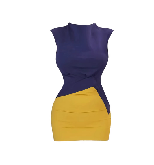 Eye-Catching Color-Block Style Twist Waist Accent Mini Dress Trendy 2-Piece Navy & Mustard Short Sleeve Bodycon Short Dress AP5168