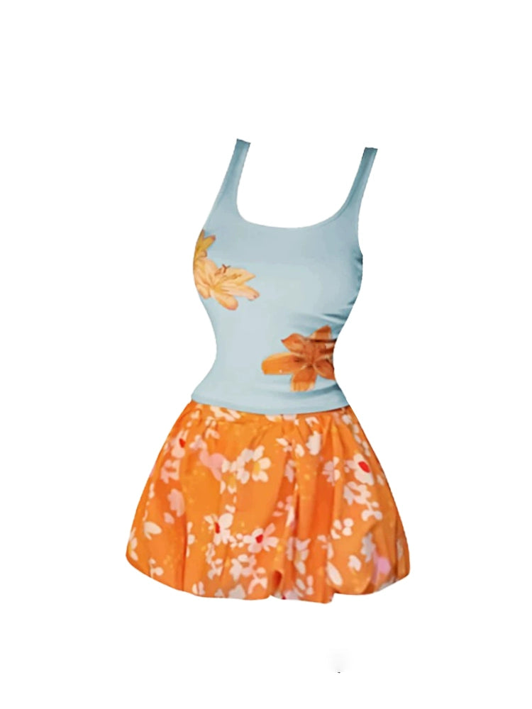 Fresh Sleeveless Spaghetti Strap Tank 2-Piece Flared Mini Skirt Elegant A-Line Light Blue-Orange Floral Short Dress AP5169