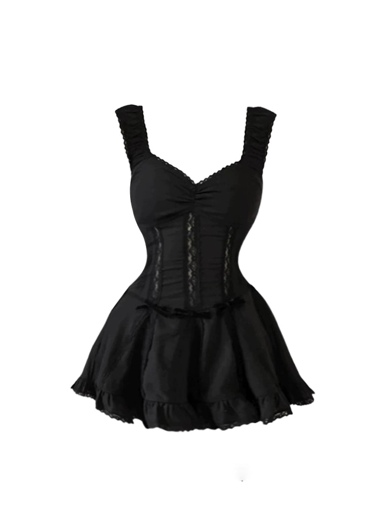 Sleek Lace-Up Bodice Ruffled Flared Spaghetti Strap Mini Skirt Trendy Black Sleeveless Corset A-Line Short Dress AP5170
