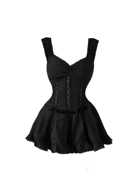 Sleek Lace-Up Bodice Ruffled Flared Spaghetti Strap Mini Skirt Trendy Black Sleeveless Corset A-Line Short Dress AP5170