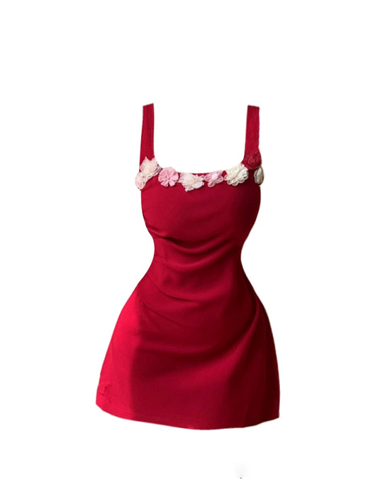 Romantic 3D Pink-White Floral Accents Sheath Mini Skirt Chic Deep Red Sleeveless Design Spaghetti Strap Short Dress AP5172