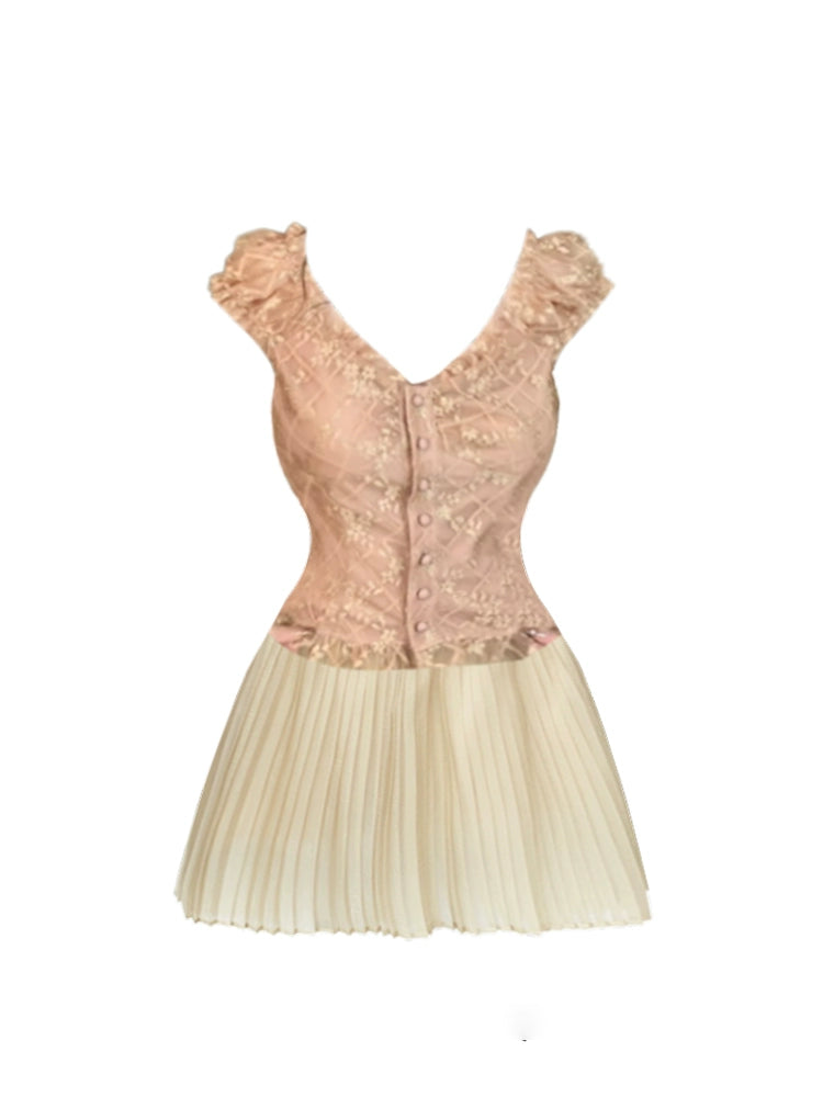 Ornate Blush & Cream Lace Corset 2-Piece A-Line Mini Skirt Ruffled Shoulders V-Neck Pleated Short Dress AP5173
