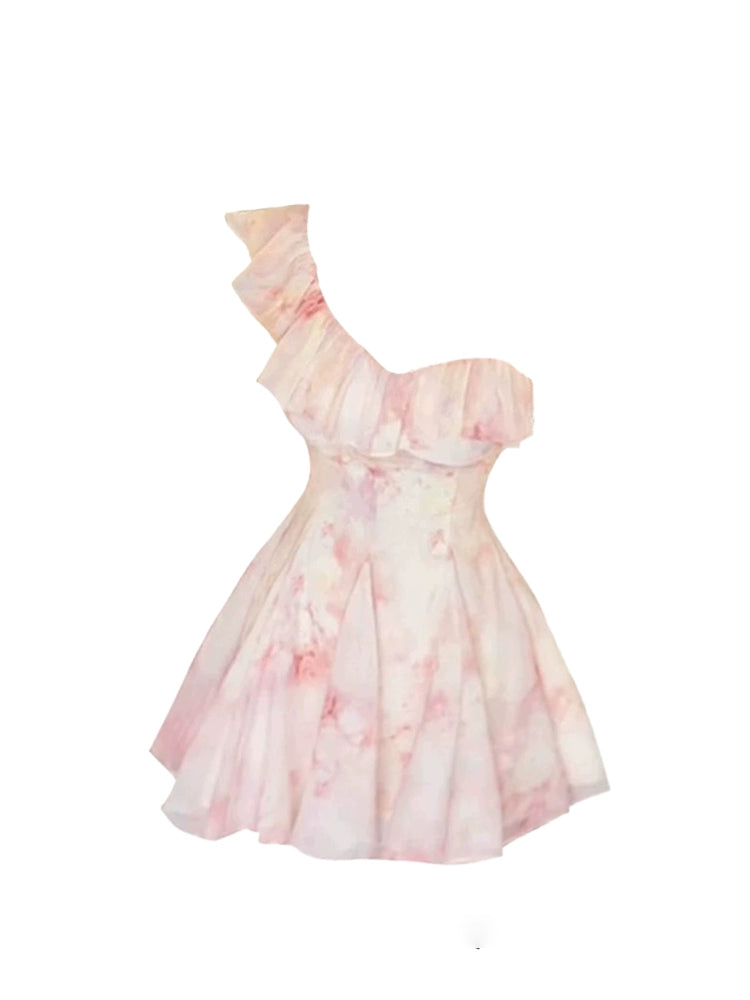 Chic Ruffled Trim Fitted-Flared A-Line Mini Skirt Elegant Pink Watercolor One-Shoulder Short Dress AP5175