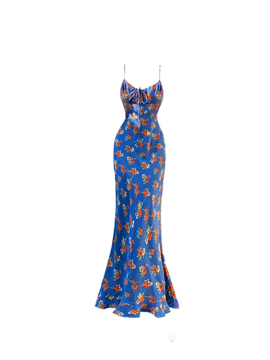 Luxurious Royal Blue Floral Print Spaghetti Strap Maxi Skirt Sexy Ruched Bust Mermaid Hem Long Dress AP5176