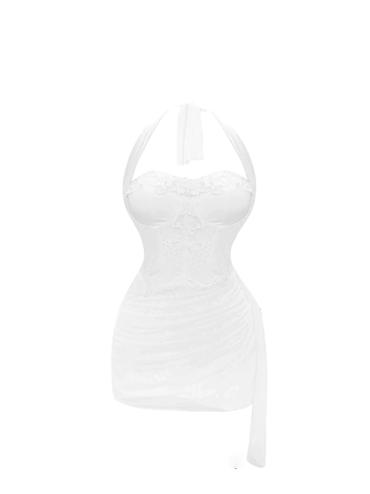 Luxury Ruched Detail Bodycon Mini Skirt Trendy White Asymmetrical Hem Halter Short Dress AP5177