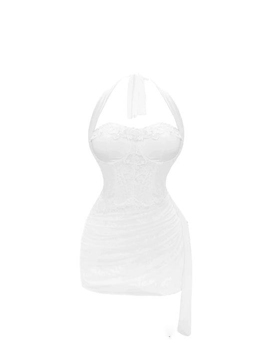 Luxury Ruched Detail Bodycon Mini Skirt Trendy White Asymmetrical Hem Halter Short Dress AP5177