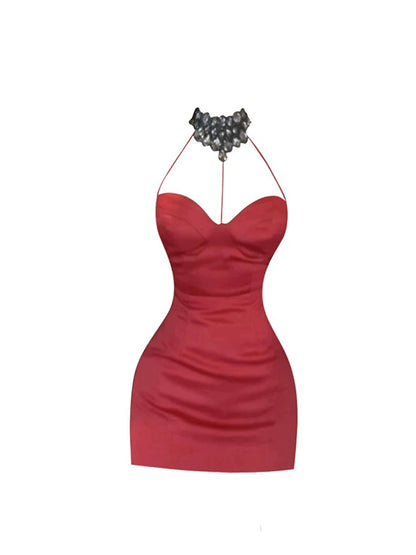 Elegant Beading Collar Bodycon Mini Skirt Trendy Cutout Halter Short Dress AP5179