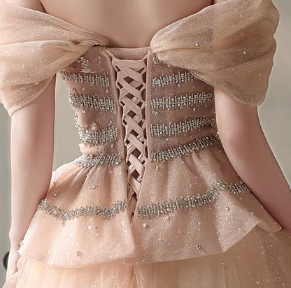 Classical Off-Shoulder A-Line Tulle Lace-Up Sweet 16th Dresses Beading Sequins Prom Dress AP5180