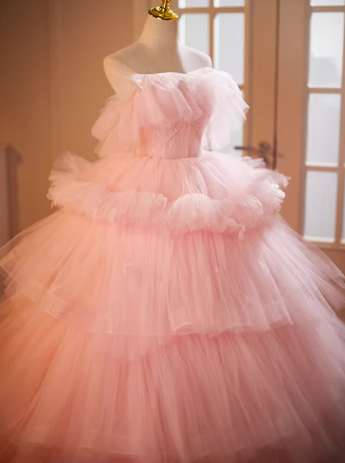 Fantastic Strapless A-Line Sweet 16th Gowns Pink Tulle Beads Prom Dress AP5181