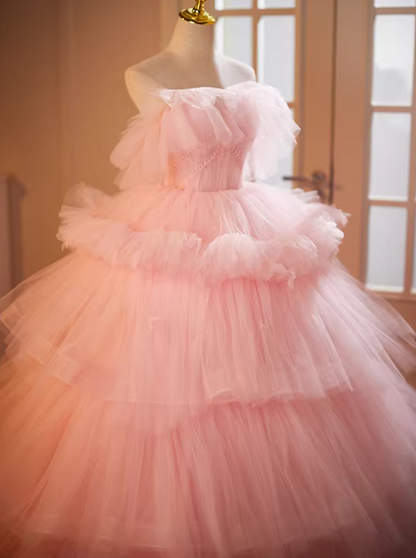 Fantastic Strapless A-Line Sweet 16th Gowns Pink Tulle Beads Prom Dress AP5181