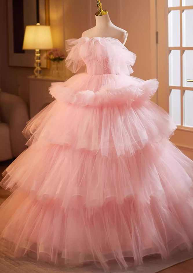 Fantastic Strapless A-Line Sweet 16th Gowns Pink Tulle Beads Prom Dress AP5181