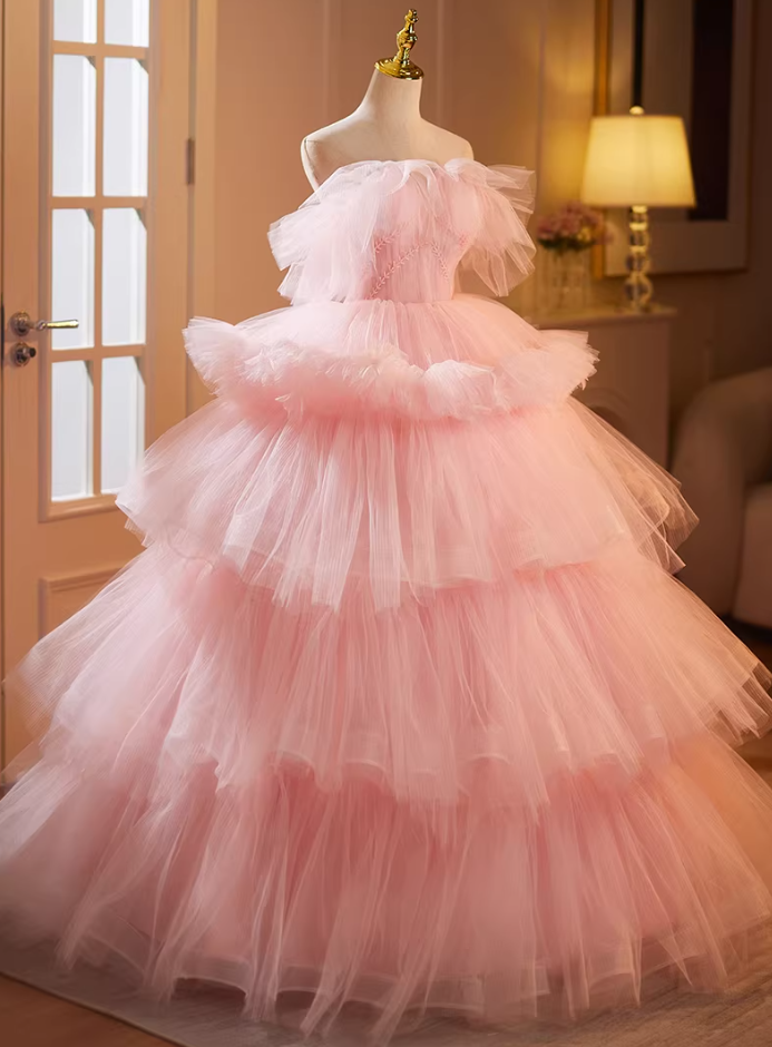 Fantastic Strapless A-Line Sweet 16th Gowns Pink Tulle Beads Prom Dress AP5181