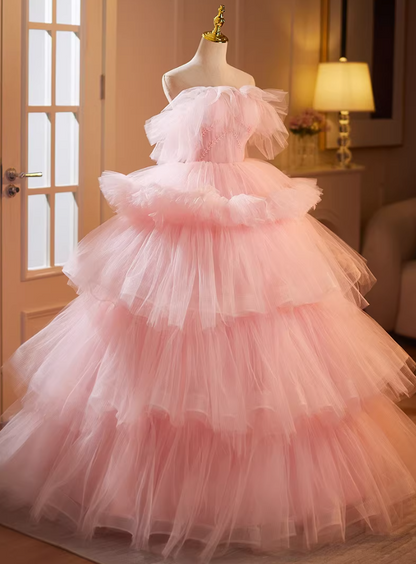 Fantastic Strapless A-Line Sweet 16th Gowns Pink Tulle Beads Prom Dress AP5181