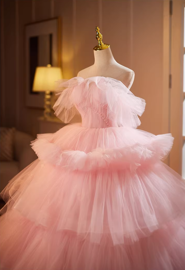 Fantastic Strapless A-Line Sweet 16th Gowns Pink Tulle Beads Prom Dress AP5181