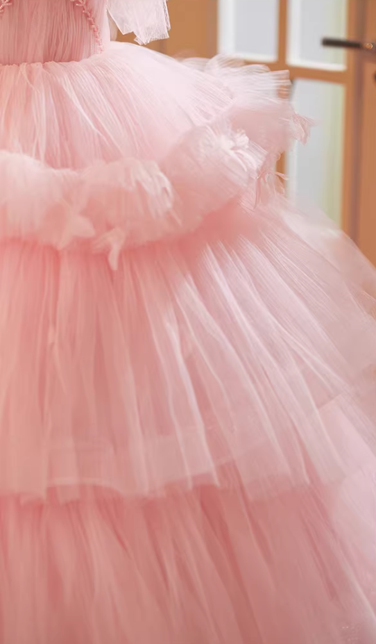 Fantastic Strapless A-Line Sweet 16th Gowns Pink Tulle Beads Prom Dress AP5181