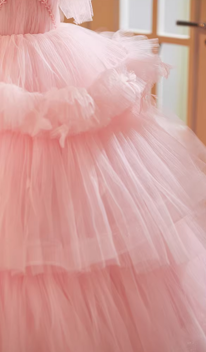 Fantastic Strapless A-Line Sweet 16th Gowns Pink Tulle Beads Prom Dress AP5181