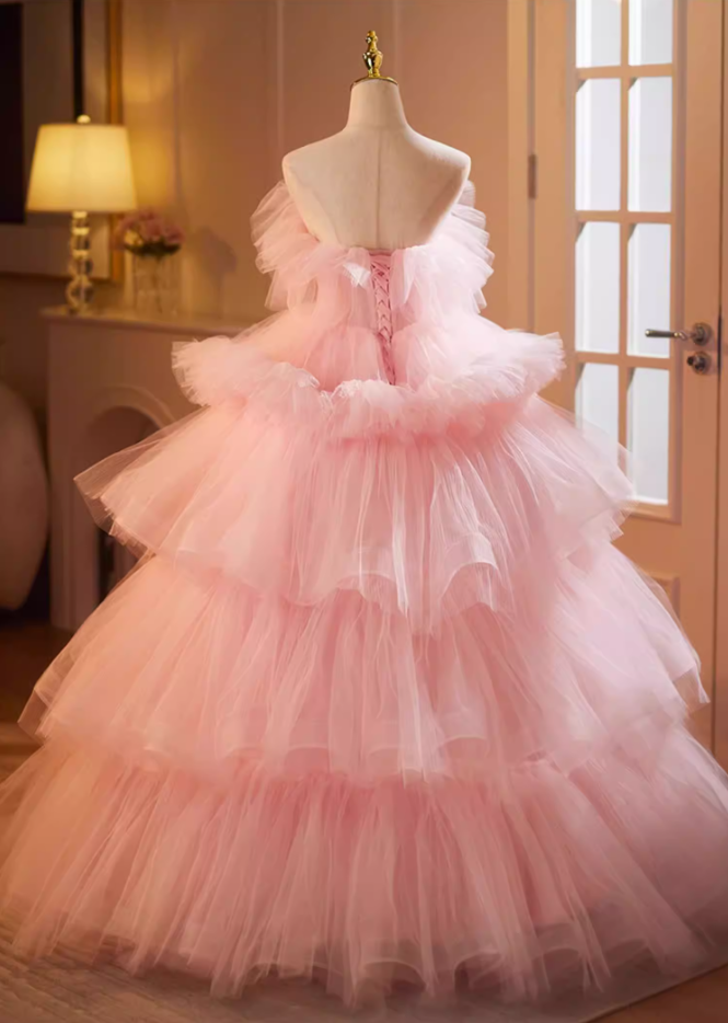 Fantastic Strapless A-Line Sweet 16th Gowns Pink Tulle Beads Prom Dress AP5181