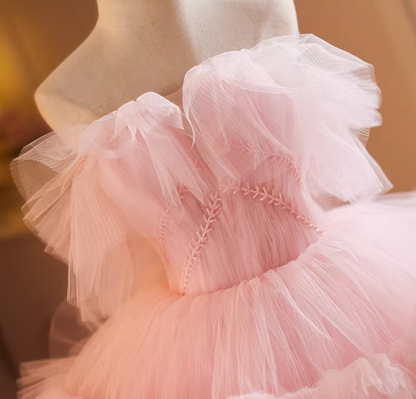 Fantastic Strapless A-Line Sweet 16th Gowns Pink Tulle Beads Prom Dress AP5181
