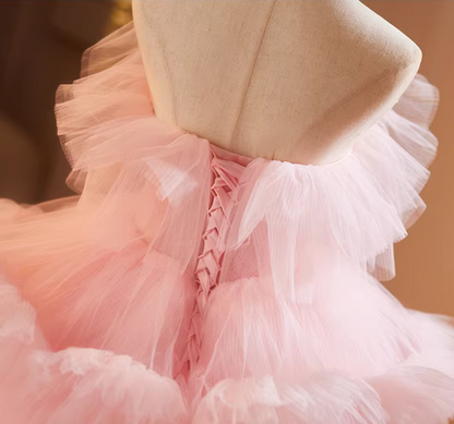 Fantastic Strapless A-Line Sweet 16th Gowns Pink Tulle Beads Prom Dress AP5181