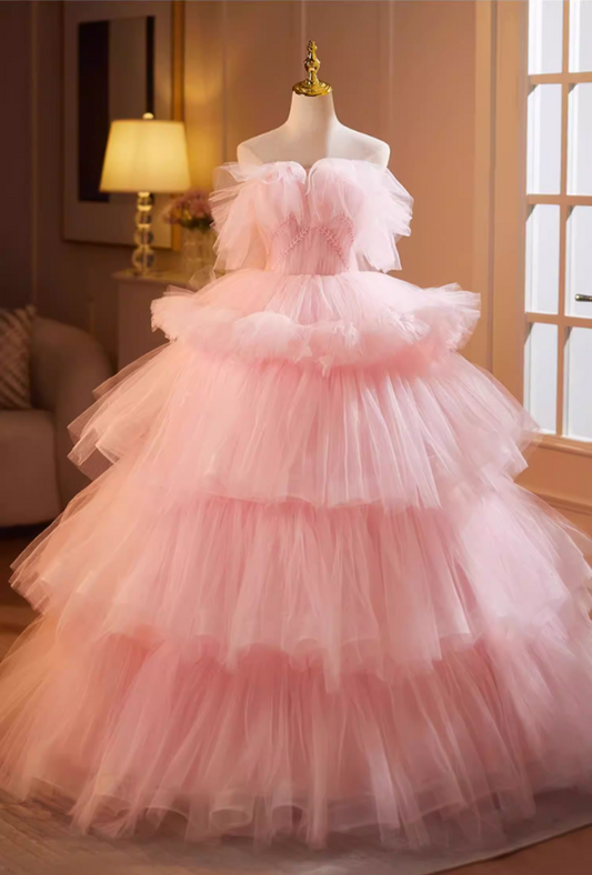Fantastic Strapless A-Line Sweet 16th Gowns Pink Tulle Beads Prom Dress AP5181