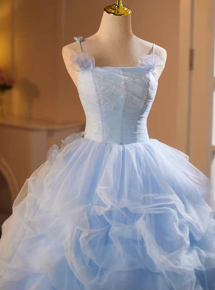 Cute A-Line Floral Spaghetti Strap Evening Gowns Sweet Appliques Ruffles Blue Tulle Prom Dress AP5182