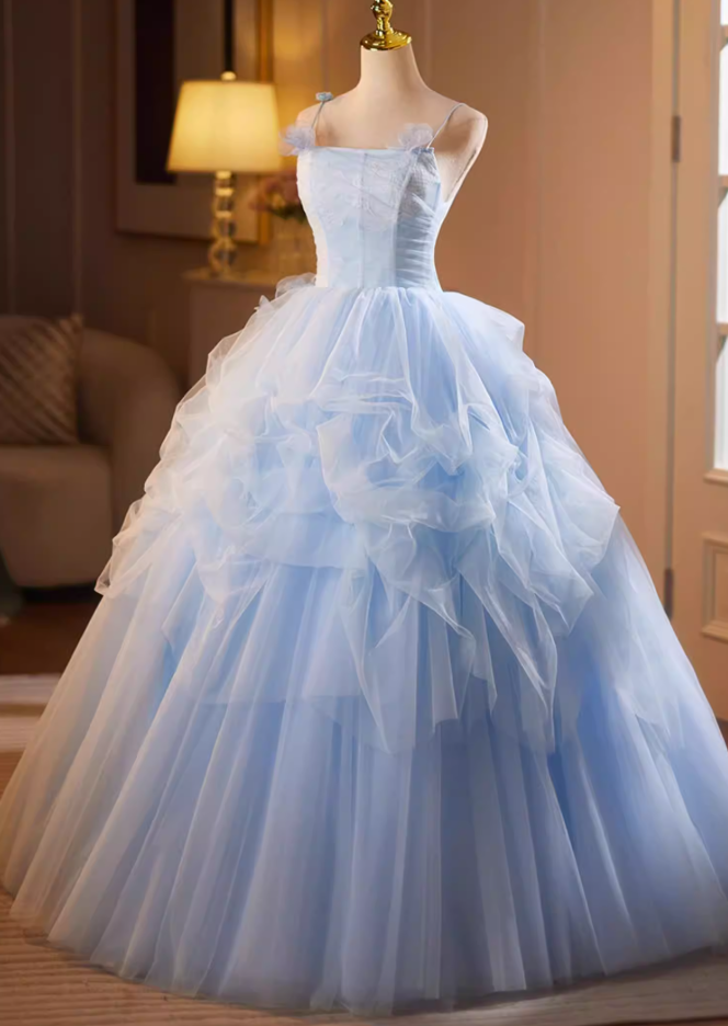Cute A-Line Floral Spaghetti Strap Evening Gowns Sweet Appliques Ruffles Blue Tulle Prom Dress AP5182
