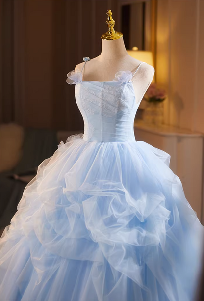 Cute A-Line Floral Spaghetti Strap Evening Gowns Sweet Appliques Ruffles Blue Tulle Prom Dress AP5182